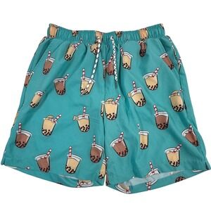 Mosmann Wear Under Boba Bubble Tea Print‎ Swim Trunks Shorts Teal Mens Size M
